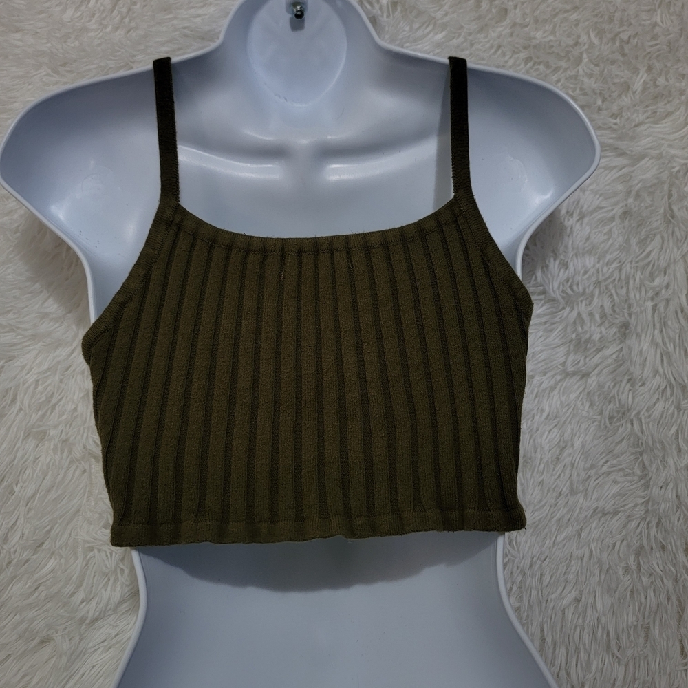 Forever 21 Distressed Olive Ribbed Cropped Tank Top Camisole Womens M - Picture 3 of 8